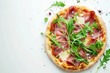 Wall Mural - Prosciutto arugula and parmesan pizza on white background Italian style Text space