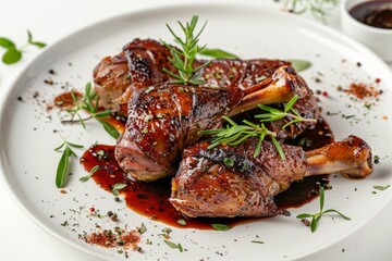 Wall Mural - Succulent duck legs with herbs and sauce on white plate Italian restaurant autumn menu