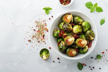 Canvas Print - Top view of roasted brussels sprouts with bacon on white surface