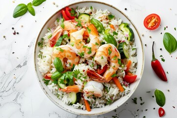 Poster - Top view of square image with rice vegetables and shrimp on white background