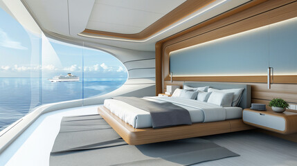 Canvas Print - Fashionable bedroom, futuristic design, light blue walls, walnut wooden furniture, double bed, side tables, large window, seascape outside the window, tourist liner on the horizon