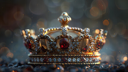 A gold crown with rubies and diamonds sits on a reflective surface. The background is dark