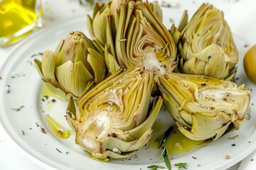 Wall Mural - Traditional Turkish artichoke salad with olive oil on a white plate a fresh appetizer