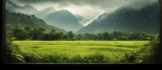 Wall Mural - View of grass and mountains through a window