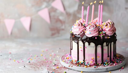 Poster - Trendy Drip Cake with pink candles and chocolate ganache on a light background Celebration concept Copy space