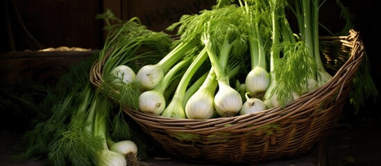 Canvas Print - Close-up of basket filled with onions and fennel
