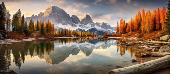 Sticker - Autumn mountains reflected in lake amidst trees and rocks