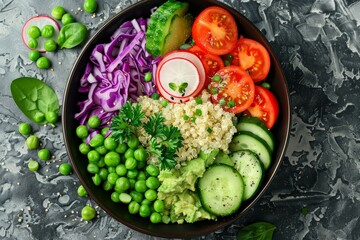 Wall Mural - Vegan lunch bowl with avocado quinoa tomato cucumber red cabbage peas and radish salad Top view