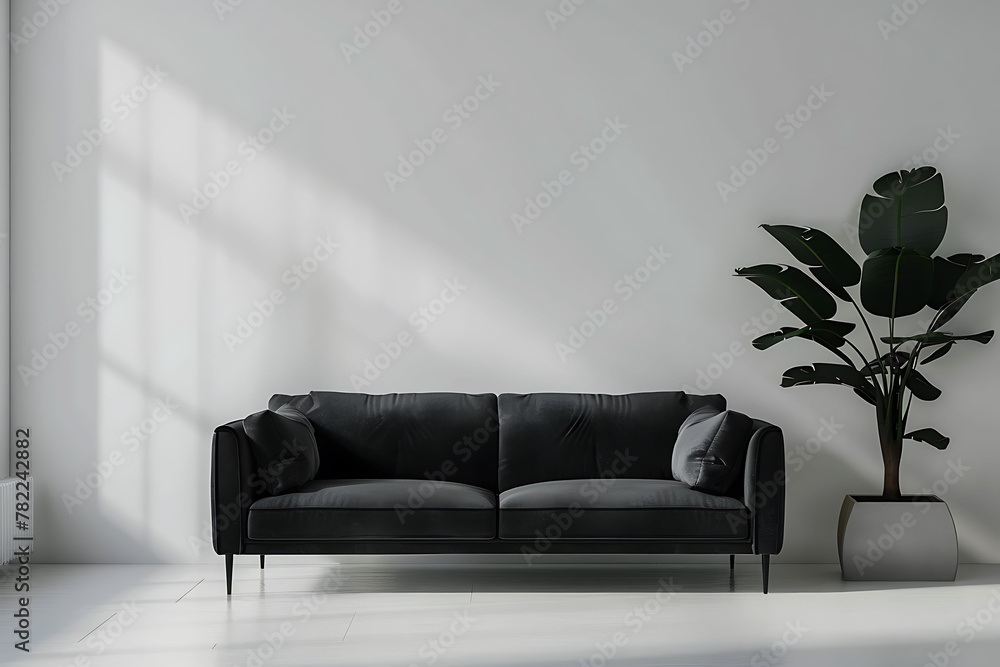 Sleek modern interior with a black leather sofa and a potted bird of ...