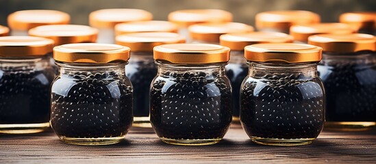 Wall Mural - Blackberries in jars on wooden table