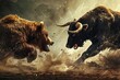 fierce battle between brown bear and black bull stock market concept digital art