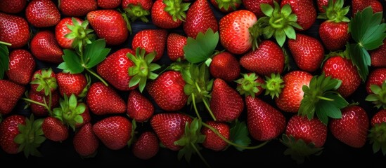 Wall Mural - Fresh strawberries with vibrant green leaves