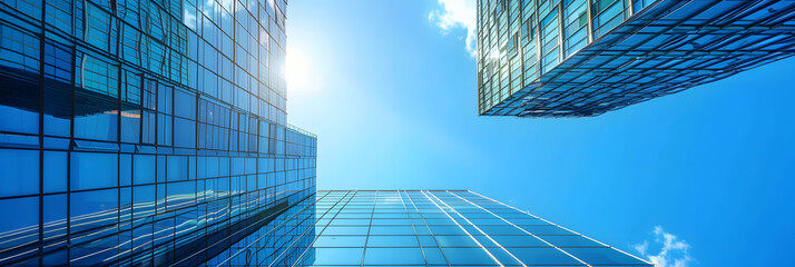 Wall Mural - Sustainable green building. Eco-friendly building. Sustainable glass office building. Corporate building. Skyscraper building with clear blue sky. Buildings are tall and has a modern design