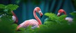 Pink flamingos gather in lush greens