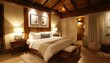 Wood and warm light decorate the bedroom