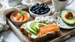 Toast with avocado, salmon, blueberry and microgreens, cup of coffee, healthy luxury breakfast or snack, vegan nutrition, AI generated