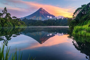 Wall Mural - majestic volcanic mountain reflected in tranquil lake at sunrise lush green foliage panoramic landscape photography