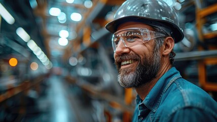 Wall Mural - A man in safety vest stands in front of a large industrial plant