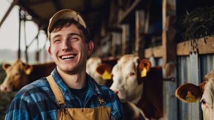 Joyful young farmer laughing in a cow barn