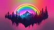 mountain with pine trees and a floating rainbow. neon retro concept,wallpaper,background,mountains,retro,neon,rainbow,pine trees,waterfall,aesthetic