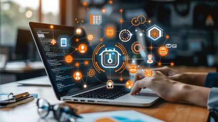Laptop with network in global business and digital communication concept