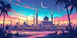 cartoon vector style landscape view of the grand mosque at night