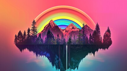 Wall Mural - mountain with pine trees and a floating rainbow with neon background, retro, aesthetic, 80s, wallpapers, backgrounds, paintings