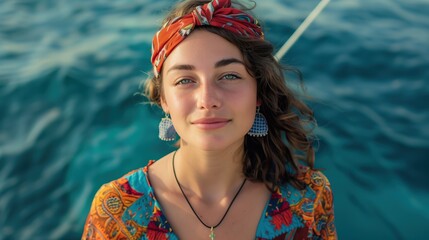 Wall Mural - A beautiful young woman with a colorful outfit standing against a deep blue ocean backdrop
