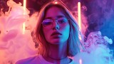 Fototapeta Kosmos - Amidst the surreal ambiance of neon lights and billowing smoke, a trendy young girl with blond hair and glasses exudes confidence