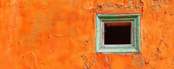 Wall Mural - Weathered turquoise window frame on an orange textured wall