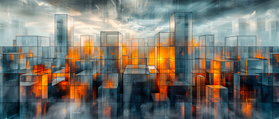 Wall Mural - Modern City Architecture, Abstract Business and Technology Concept, Futuristic Skyline in Blue and White