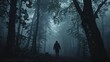 A shadowy silhouette walking through a misty forest, hinting at a mysterious presence,