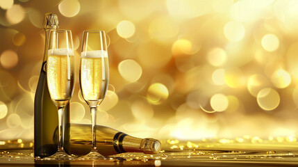 two glasses and ottles of champagne on a golden background