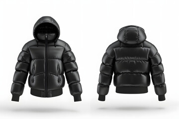 Black Down Jacket Mockup for Winter Sports. Blank Template of Polyester Ski Coat with Front, Back and Zippered Views Isolated on White