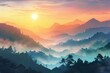 tranquil early morning scenery sun rising over misty mountains in fanciful landscape digital painting