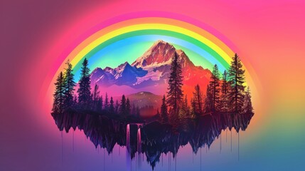 Wall Mural - beautiful mountain with pine trees and rainbow