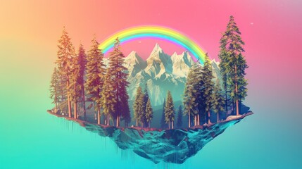 Wall Mural - beautiful mountain with pine trees and rainbow floating. neon retro concept,wallpaper,background,rainbow,pine trees