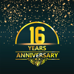 16 year anniversary template design with golden number and ring for birthday celebration event, invitation, banner poster, flyer, and greeting card, vector template