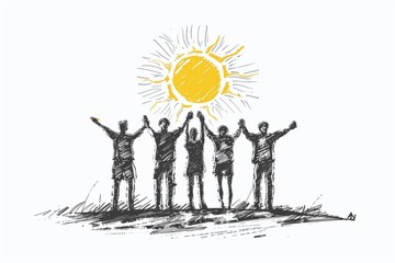 Hand drawn sketch of people holding hands and celebrating success together under the sun on a white background Concept for team building or group success Generative AI