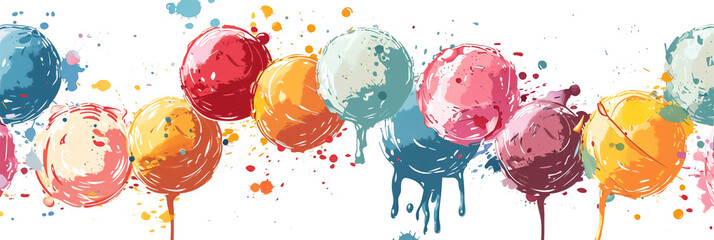 Wall Mural - Row of colorful circles covered in vibrant paint splatters against white background banner. Panoramic web header. Wide screen wallpaper