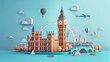 3d illustrator vector of Big Ben tower, Westminster palace, London Eye ferris wheel with cruise transportation on river thames in city of London, England