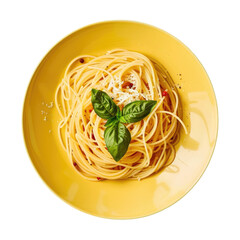 Wall Mural - A plate of spaghetti topped with basil leaves and cheese