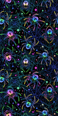 Wall Mural - Seamless pattern of multi-colored spiders crawling on the web