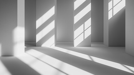  Strong sunlight casts distinct shadows across a minimalist concrete structure, creating a dramatic geometric pattern