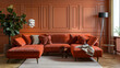 Sofa with terracotta velvet next to wall with wainscoting panelling. Modern living room interior design from the mid-century.