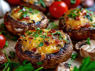 Wall Mural - Baked Champignons, Stuffed Mushrooms Caps with Cheese, Garlic and Herbs, Baked Champignons