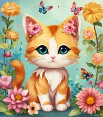 Poster - cat with flowers