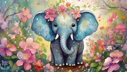 Wall Mural - art illustration of cute elephant in flower blossom atmosphere