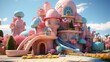 A pink and blue cartoon house with a slide and a garden