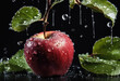 Fresh red apple with water droplets on black background